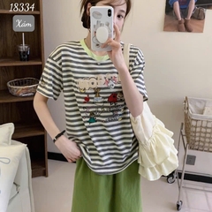 Áo thun BIGSIZE Quảng Châu 00288 OVS thun sọc hình thêu Happy- 18334