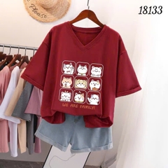 S00210- Áo thun BIGSIZE Quảng Châu cổ tim hình 9 bé Meo- dễ thương chất mịn đẹp co giãn - 18133 ĐỎ