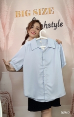 Sơ mi vải lụa BIG SIZE QC màu trơn Tay ngắn - 16940- XANH