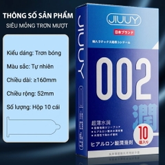 Bao cao su Jiuuy 002 Water Moisture siêu mỏng nhiều gel hộp 10 chiếc