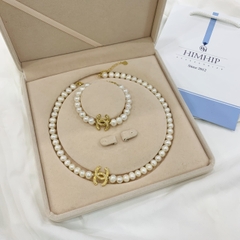 [Thiết kế] Set Trang Sức HimHip Ngọc Trai Thật Vòng Cổ 41cm, Vòng Tay 18+5cm Mặt Chữ Chanel Quý Phái Kèm Túi Hộp
