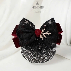 Kẹp Bối, Búi Lưới HimHip Phối Vải Nhung Nơ Đen Charm Hoa Hồng Tiểu Thư Sang Trọng 13x8cm