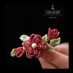 Trâm, Ghim Cài Áo HimHip Hoa Đào Handmade Thanh Lịch Kết Đá Độc Đáo 3x6cm - Đỏ