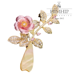 Trâm, Ghim Cài Áo HimHip Bình Hoa 5 Cánh Sang Trọng HKCC Đính Phale 2,5*5,5cm