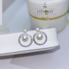 Khuyên Tai Ngắn HimHip HKCC Vòng Phale Phối 2 Hạt Trai Thật 1.5x1.8cm