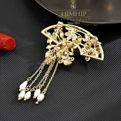 Trâm, Ghim Cài Áo HimHip HKCC Hoa Trà Xếp Quạt Phối Hạt Trai Thật 5*7cm
