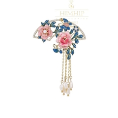 Trâm, Ghim Cài Áo HimHip HKCC Hoa Trà Xếp Quạt Phối Hạt Trai Thật 5*7cm