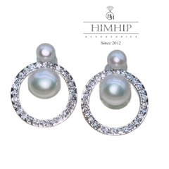 Khuyên Tai Ngắn HimHip HKCC Vòng Phale Phối 2 Hạt Trai Thật 1.5x1.8cm