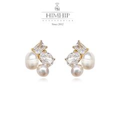 Khuyên Tai Nụ HimHip Mặt Vuông Viền Vàng Sang Trọng HKCC Đính Phale, Trai Thật 1cm