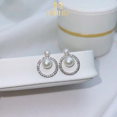 Khuyên Tai Ngắn HimHip HKCC Vòng Phale Phối 2 Hạt Trai Thật 1.5x1.8cm