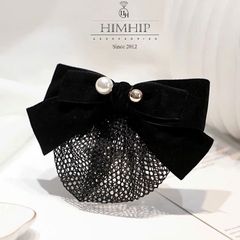 Kẹp Bối, Búi Lưới HimHip Đính 2 Hạt Giả Trai Nơ Nhung Thanh Lịch 14cm