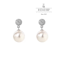 Khuyên Tai Ngắn HimHip Dáng Thả Sang Trọng HKCC Đính Phale, Tinh Thể Ngọc Trai 0.9x2.2cm