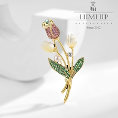 Trâm, Ghim Cài Áo HimHip Cành Hoa Tulip Thanh Lịch HKCC Đính Phale 2,5*5,8cm