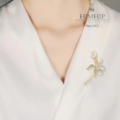 Trâm, Ghim Cài Áo HimHip HKCC Hoa Đá Mắt Mèo Phối Lá Phale Lấp Lánh 7*3.9cm