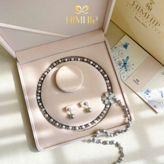 Set Trang Sức HimHip Vòng Cổ Ngân Hoa Trai Thật 7-8li, Khuyên Tai Tinh Thể Ngọc Trai 0.9x2.2cm Kèm Túi Hộp Thiệp -116