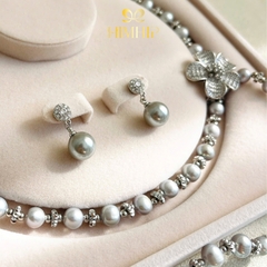 Set Trang Sức HimHip Vòng Cổ Ngân Hoa Trai Thật 7-8li, Khuyên Tai Tinh Thể Ngọc Trai 0.9x2.2cm Kèm Túi Hộp Thiệp -116