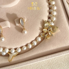 Set Trang Sức HimHip Vòng Cổ Trai Dị 8li Mắt Mèo Đuôi Cá 80.5cm, Khuyên Tai Ngắn Trai Thật Phối Đá Thoi 2.7x0.7cm Kèm Túi Hộp Thiệp - 117