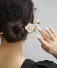 Trâm Cài Tóc HimHip HKCC Hoa Trà Phale Nụ Trai Thật Cao Cấp 19.4x6.5cm Kèm Hộp Phụ Kiện Áo Dài