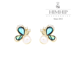 Khuyên Tai Nụ HimHip Bướm Vân Xanh Sang Trọng HKCC Mix Ngọc Trai Thật 1.2x1.2cm Phụ Kiện Áo Dài