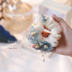 Scrunchies HimHip Phối Vải Voan Đính Hoa Xanh Thả Trai Thanh Lịch 11cm