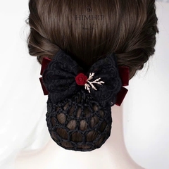 Kẹp Bối, Búi Lưới HimHip Phối Vải Nhung Nơ Đen Charm Hoa Hồng Tiểu Thư Sang Trọng 13x8cm