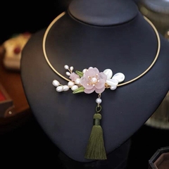 Kiềng Cổ HimHip Hạt Giả Trai Mix Đá Thạch Anh Xuân Hoa Ngọc Nữ Sang Trọng 15cm Phụ Kiện Áo Dài - Xanh Lục