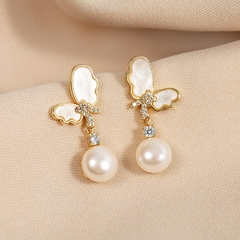 Khuyên Tai Hợp Kim Cao Cấp Cánh Bướm Mix Hạt Trai Đính Đá  Sang Trọng 1*2.5cm