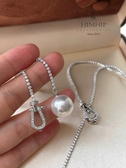 Set Trang Sức HimHip Vòng Cổ  & Khuyên Tai Ngắn Mặt Tinh Thể Ngọc Trai Kèm Túi Hộp Thiệp - 105