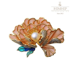 Trâm, Ghim Cài Áo HimHip HKCC Hoa Mẫu Đơn Phối Nụ Trai Thật 4*5.5cm
