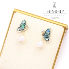 Khuyên Tai Ngắn HimHip Bướm Vân Xanh Sang Trọng HKCC Mix Ngọc Trai Dị 2.8x1cm Phụ Kiện Áo Dài