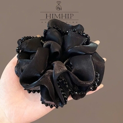 Scrunchies HimHip Vải Voan Bóng Phối Viền Đá Phale Đen 10.5cm