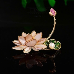 Trâm, Ghim Cài Áo HimHip HKCC Sen Hồng Phối Búp Sen Phale Đính Sương Trai Thật 4.5*4cm