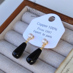 Khuyên Tai Ngắn HimHip Dáng Dài Sang Trọng HKCC Mix Trai Thật 6ly, Đá Mã Não 2x1cm