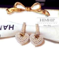 Khuyên Tai Ngắn HimHip Trái Tim Đáng Yêu HKCC Mix Ngọc Trai Nhỏ 1.7x2.5cm