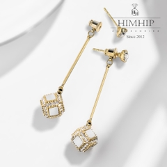 Khuyên Tai Dài HimHip Sợi Mảnh Phối Mặt Lập Phương Thanh Lịch HKCC Đính Phale 1x6cm