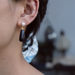 Khuyên Tai Ngắn HimHip Dáng Dài Sang Trọng HKCC Mix Trai Thật 6ly, Đá Mã Não 2x1cm