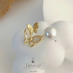 Trâm, Ghim Cài Xiên HimHip Đôi Bướm Vàng Sang Trọng HKCC Mix Hạt Giả Trai 3.5cm