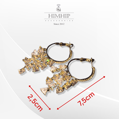 Khuyên Tai Móc Tròn HimHip Chùm Đá Tam Giác Lấp Lánh HKCC Đính Phale 2.5x5.7cm