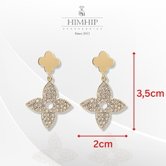 Khuyên Tai Ngắn HimHip Hoa 4 Cánh Sang Trọng HKCC Đính Phale 2x3.5cm