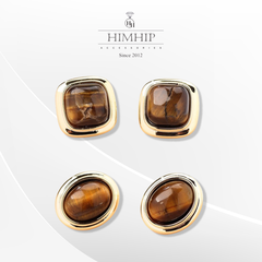 Khuyên Tai Nụ HimHip Mặt Đá Nâu Viền Vàng Sang Trọng HKCC Đính Đá 1.5x1.5cm