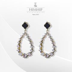 Khuyên Tai Ngắn HimHip Giọt Nước Phối Hoa 4 Cánh Sang Trọng HKCC Đính Phale 1.5x3.5cm