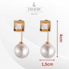 Khuyên Tai Dài HimHip Mặt Vuông Sang Trọng HKCC Mix Ngọc Trai 1.5x4cm
