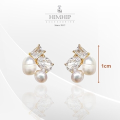 Khuyên Tai Nụ HimHip Mặt Vuông Viền Vàng Sang Trọng HKCC Đính Phale, Trai Thật 1cm