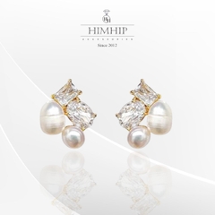 Khuyên Tai Nụ HimHip Mặt Vuông Viền Vàng Sang Trọng HKCC Đính Phale, Trai Thật 1cm