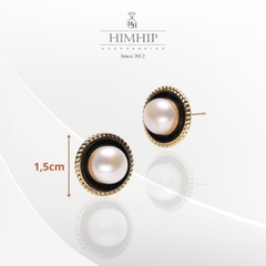 Khuyên Tai Nụ HimHip Nụ Trai Viền Đen Vàng Sang Trọng HKCC Mix Trai Thật 1.5cm Phụ Kiện Áo Dài