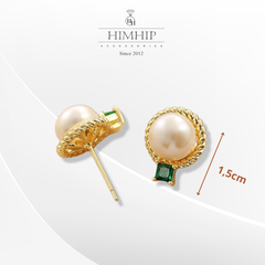 Khuyên Tai Nụ HimHip Mặt Trai Viền Vàng Sang Trọng HKCC Đính Phale, Ngọc Trai 1.5cm Phụ Kiện Áo Dài