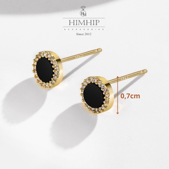 Khuyên Tai Nụ HimHip Mặt Đá Đen Viền Vàng Thanh Lịch HKCC Đính Phale 0,7->0.9cm