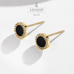Khuyên Tai Nụ HimHip Mặt Đá Đen Viền Vàng Thanh Lịch HKCC Đính Phale 0,7->0.9cm