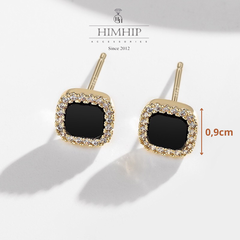 Khuyên Tai Nụ HimHip Mặt Đá Đen Viền Vàng Thanh Lịch HKCC Đính Phale 0,7->0.9cm