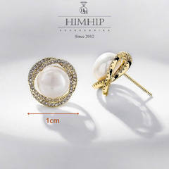 Khuyên Tai Nụ HimHip Nụ Trai Viền Xoắn Vàng Thanh Lịch HKCC Đính Phale, Ngọc Trai 1cm Phụ Kiện Áo Dài